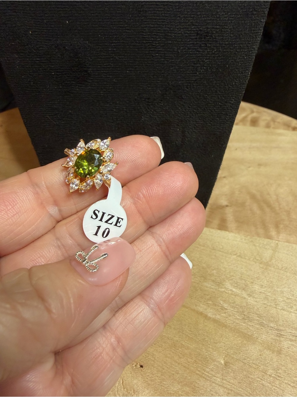 Gold-Tone Women's Ring with Green Center Stone and Clear Accents, Size 10